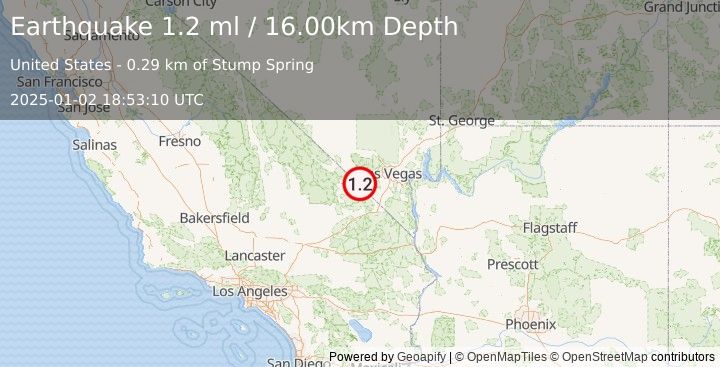 Earthquake 25 km NW of Sandy Valley, Nevada (1.2 ml) (2025-01-02 18:53:10 UTC)