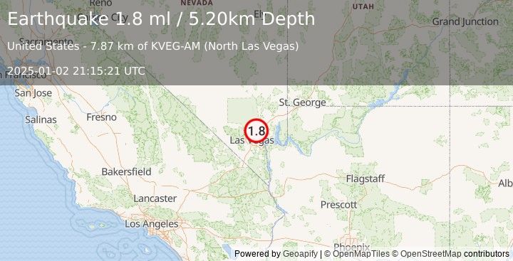 Earthquake 17 km NNE of Nellis Air Force Base, Nevada (1.8 ml) (2025-01-02 21:15:21 UTC)