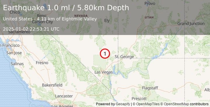 Earthquake 14 km SE of Alamo, Nevada (1.0 ml) (2025-01-02 22:53:21 UTC)