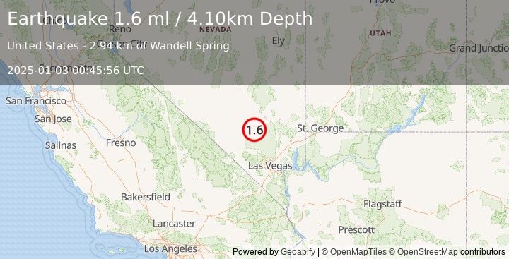 Earthquake 53 km SW of Alamo, Nevada (1.6 ml) (2025-01-03 00:45:56 UTC)