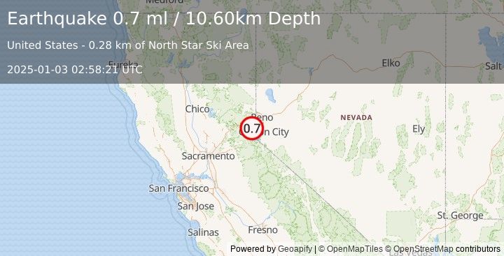 Earthquake 5 km NW of Carnelian Bay, California (0.7 ml) (2025-01-03 02:58:21 UTC)