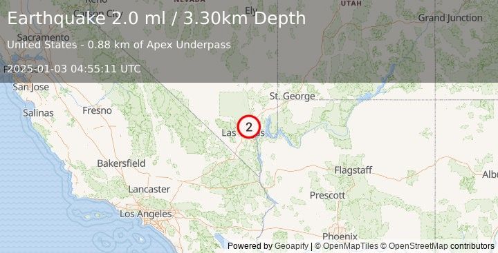 Earthquake 11 km NE of Nellis Air Force Base, Nevada (2.0 ml) (2025-01-03 04:55:11 UTC)