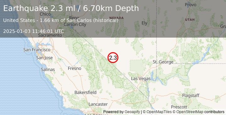 Earthquake 42 km SSE of Goldfield, Nevada (2.3 ml) (2025-01-03 11:46:01 UTC)