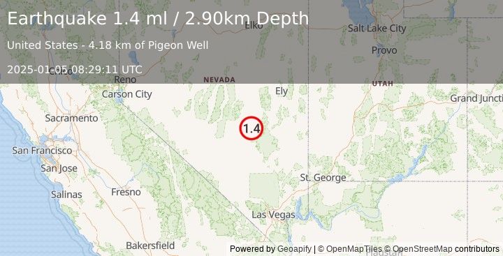 Earthquake 76 km N of Rachel, Nevada (1.4 ml) (2025-01-05 08:29:11 UTC)