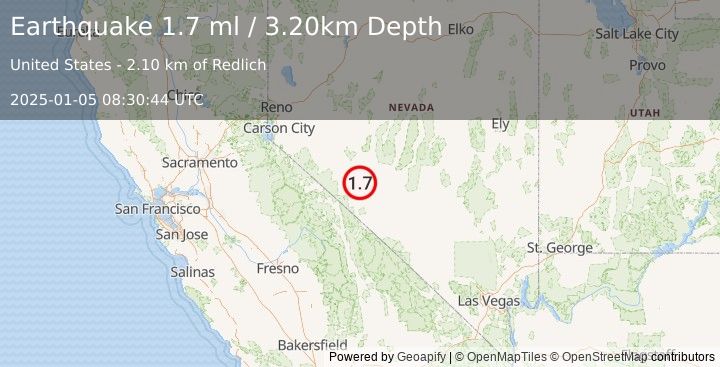 Earthquake 22 km SSE of Mina, Nevada (1.7 ml) (2025-01-05 08:30:44 UTC)