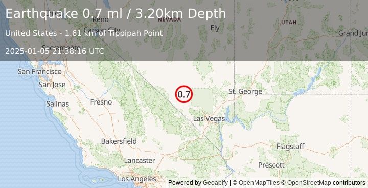 Earthquake 49 km ENE of Beatty, Nevada (0.7 ml) (2025-01-05 21:38:16 UTC)