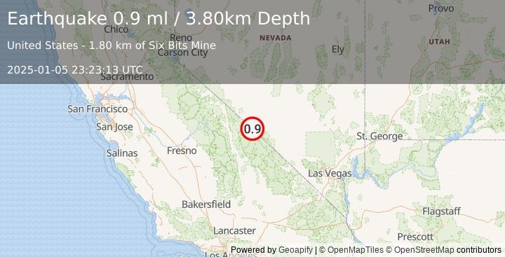 Earthquake 52 km S of Silver Peak, Nevada (0.9 ml) (2025-01-05 23:23:13 UTC)