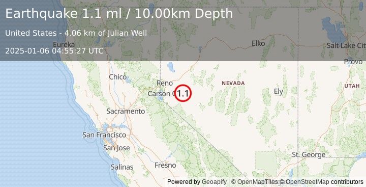 Earthquake 23 km NNE of Yerington, Nevada (1.1 ml) (2025-01-06 04:55:27 UTC)