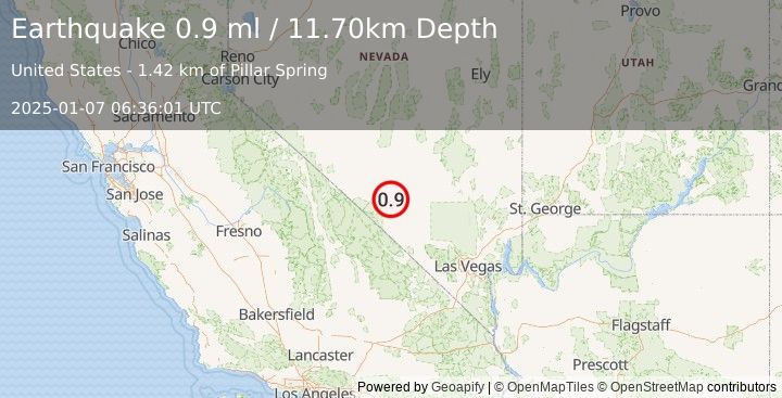 Earthquake 38 km N of Beatty, Nevada (0.9 ml) (2025-01-07 06:36:01 UTC)