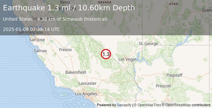 Earthquake 9 km ENE of Furnace Creek, California (1.3 ml) (2025-01-08 07:39:14 UTC)