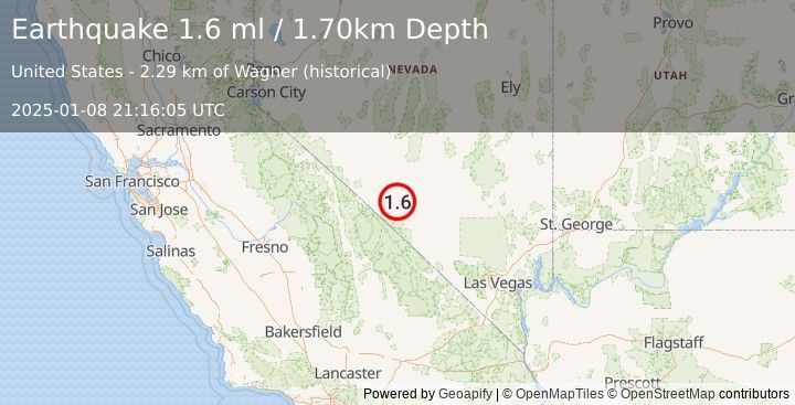 Earthquake 31 km SSE of Goldfield, Nevada (1.6 ml) (2025-01-08 21:16:05 UTC)