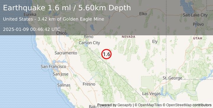 Earthquake 12 km E of Hawthorne, Nevada (1.6 ml) (2025-01-09 00:46:42 UTC)