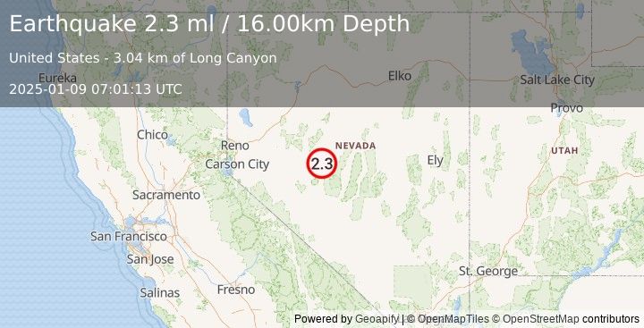 Earthquake 39 km NNE of Gabbs, Nevada (2.3 ml) (2025-01-09 07:01:13 UTC)