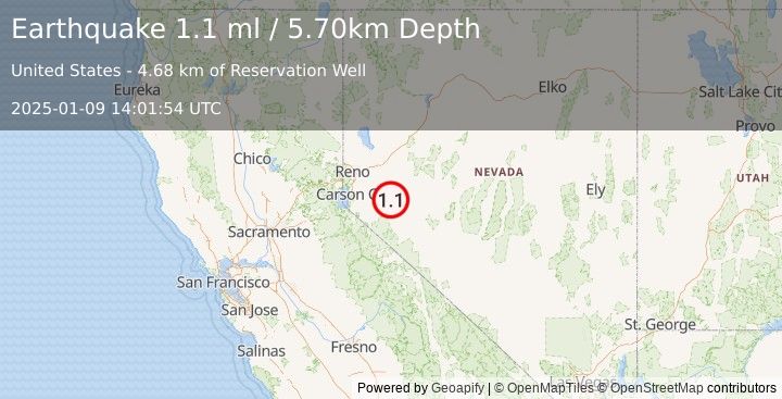 Earthquake 15 km NE of Yerington, Nevada (1.1 ml) (2025-01-09 14:01:54 UTC)