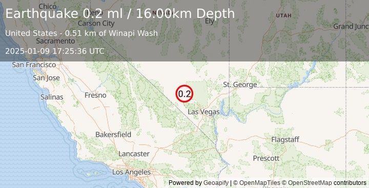 Earthquake 34 km NW of Indian Springs, Nevada (0.2 ml) (2025-01-09 17:25:36 UTC)