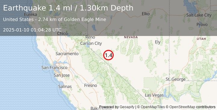 Earthquake 13 km ESE of Hawthorne, Nevada (1.4 ml) (2025-01-10 01:04:28 UTC)