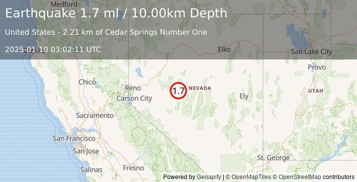 Earthquake 61 km N of Gabbs, Nevada (1.7 ml) (2025-01-10 03:02:11 UTC)