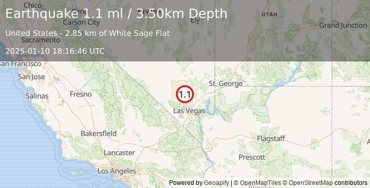 Earthquake 35 km ENE of Indian Springs, Nevada (1.1 ml) (2025-01-10 18:16:46 UTC)