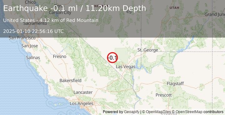 Earthquake 36 km WNW of Indian Springs, Nevada (-0.1 ml) (2025-01-10 22:56:16 UTC)