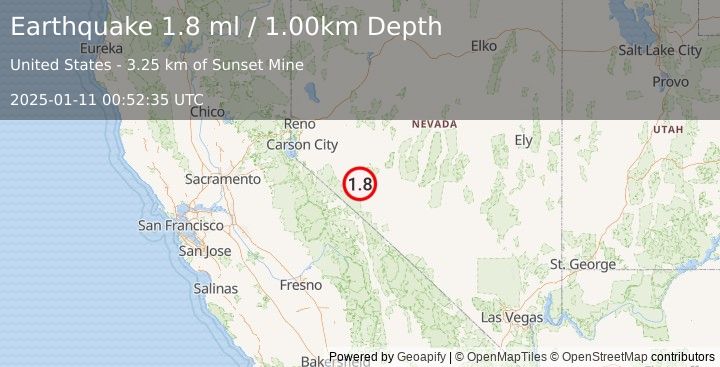 Earthquake 12 km ESE of Hawthorne, Nevada (1.8 ml) (2025-01-11 00:52:35 UTC)