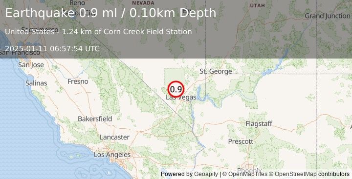 Earthquake 30 km ESE of Indian Springs, Nevada (0.9 ml) (2025-01-11 06:57:54 UTC)