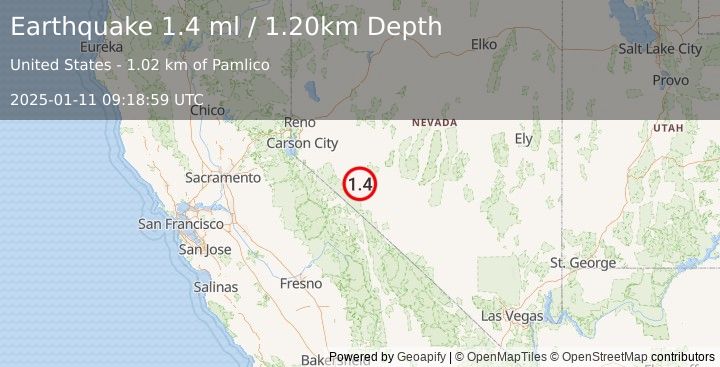 Earthquake 13 km ESE of Hawthorne, Nevada (1.4 ml) (2025-01-11 09:18:59 UTC)