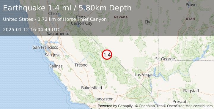 Earthquake 38 km SSE of Dyer, Nevada (1.4 ml) (2025-01-12 16:04:49 UTC)