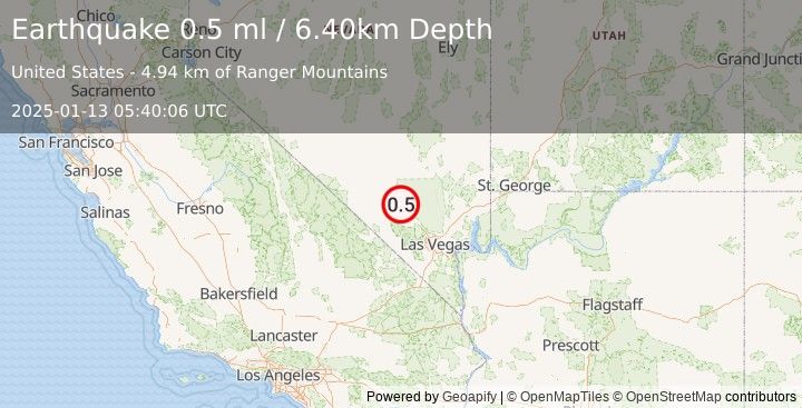 Earthquake 28 km NNW of Indian Springs, Nevada (0.5 ml) (2025-01-13 05:40:06 UTC)