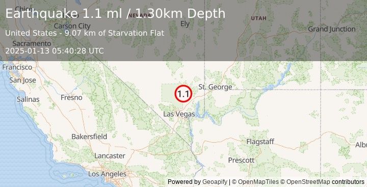 Earthquake 38 km WNW of Moapa Town, Nevada (1.1 ml) (2025-01-13 05:40:28 UTC)