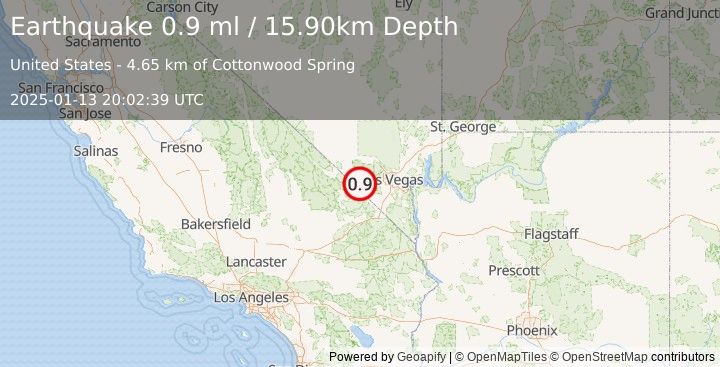 Earthquake 17 km SE of Pahrump, Nevada (0.9 ml) (2025-01-13 20:02:39 UTC)