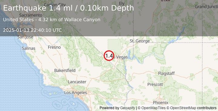 Earthquake 15 km W of Mount Charleston, Nevada (1.4 ml) (2025-01-13 22:40:10 UTC)