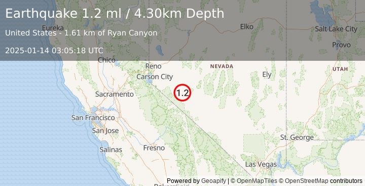 Earthquake 11 km NE of Hawthorne, Nevada (1.2 ml) (2025-01-14 03:05:18 UTC)