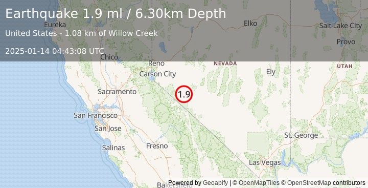 Earthquake 3 km S of Hawthorne, Nevada (1.9 ml) (2025-01-14 04:43:08 UTC)