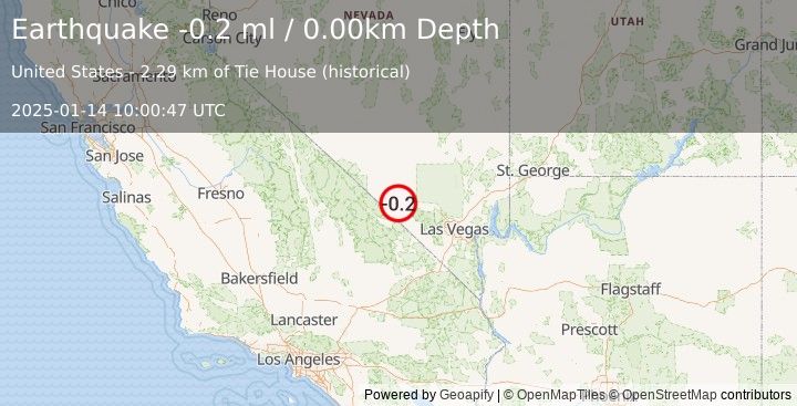 Earthquake 47 km NNW of Pahrump, Nevada (-0.2 ml) (2025-01-14 10:00:47 UTC)