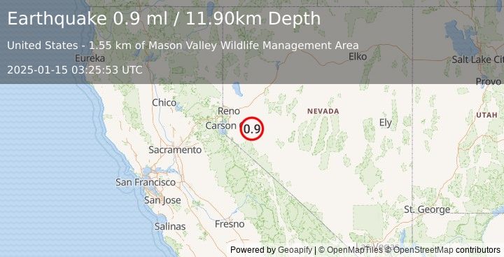 Earthquake 13 km NNE of Yerington, Nevada (0.9 ml) (2025-01-15 03:25:53 UTC)