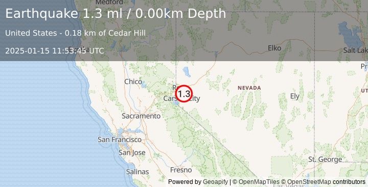 Earthquake 1 km NNW of Virginia City, Nevada (1.3 ml) (2025-01-15 11:53:45 UTC)