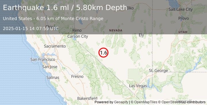 Earthquake 36 km SE of Mina, Nevada (1.6 ml) (2025-01-15 14:07:59 UTC)