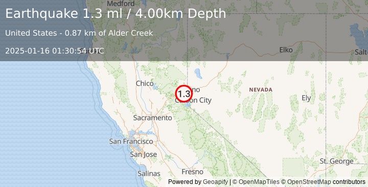 Earthquake 7 km NNE of Truckee, California (1.3 ml) (2025-01-16 01:30:54 UTC)