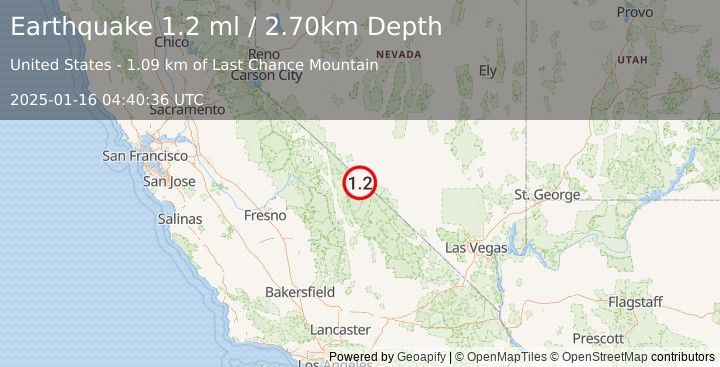 Earthquake 51 km S of Silver Peak, Nevada (1.2 ml) (2025-01-16 04:40:36 UTC)