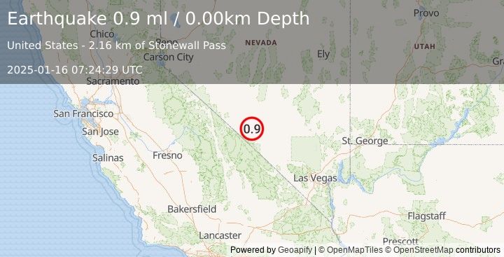 Earthquake 35 km SSE of Goldfield, Nevada (0.9 ml) (2025-01-16 07:24:29 UTC)