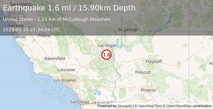 Earthquake 27 km NW of Searchlight, Nevada (1.6 ml) (2025-01-16 21:34:04 UTC)