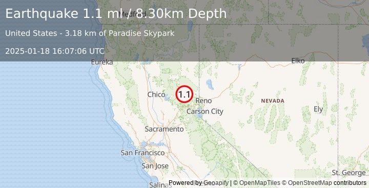 Earthquake 3 km SSW of Graeagle, California (1.1 ml) (2025-01-18 16:07:06 UTC)