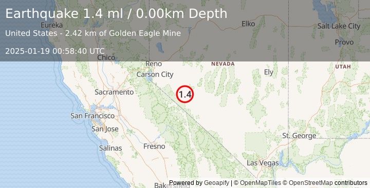 Earthquake 13 km E of Hawthorne, Nevada (1.4 ml) (2025-01-19 00:58:40 UTC)