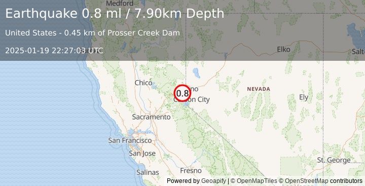 Earthquake 6 km NNE of Truckee, California (0.8 ml) (2025-01-19 22:27:03 UTC)