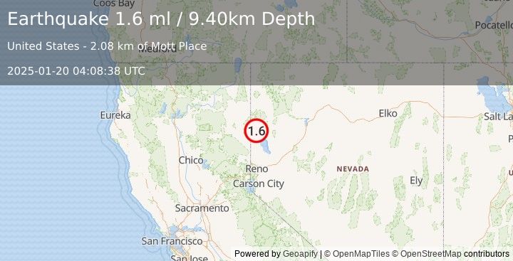 Earthquake 41 km NE of Herlong, California (1.6 ml) (2025-01-20 04:08:38 UTC)