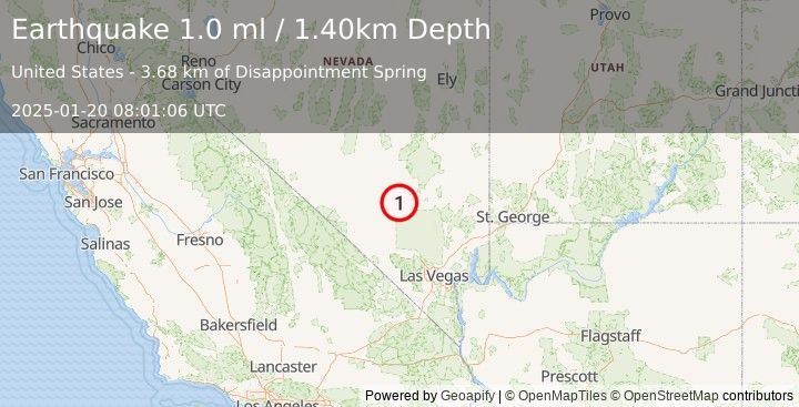 Earthquake 38 km SSW of Rachel, Nevada (1.0 ml) (2025-01-20 08:01:06 UTC)