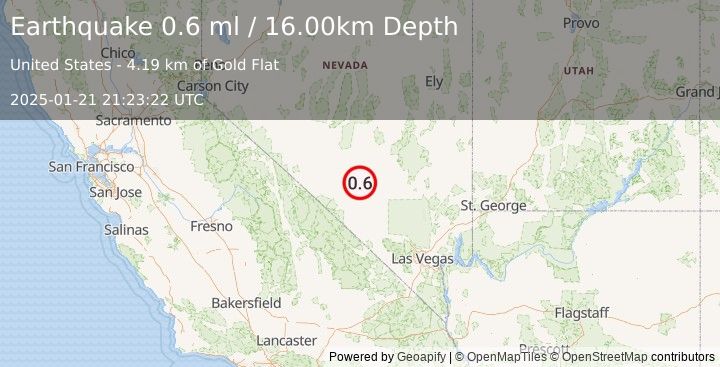 Earthquake 66 km NNE of Beatty, Nevada (0.6 ml) (2025-01-21 21:23:22 UTC)