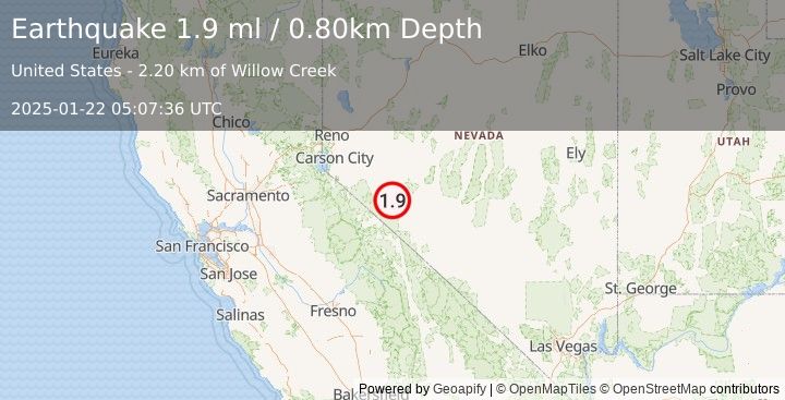 Earthquake 4 km SE of Hawthorne, Nevada (1.9 ml) (2025-01-22 05:07:36 UTC)