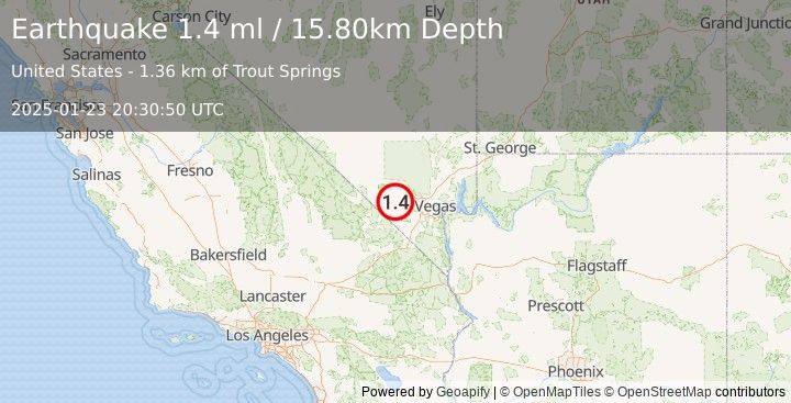 Earthquake 3 km SW of Mount Charleston, Nevada (1.4 ml) (2025-01-23 20:30:50 UTC)