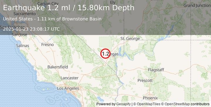 Earthquake 12 km NW of Summerlin South, Nevada (1.2 ml) (2025-01-23 23:08:17 UTC)